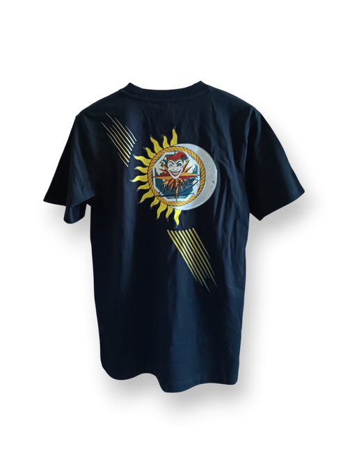 Il Ghigno Drop 0 limited edition black organic cotton t-shirt back view with Gold Sun artwork