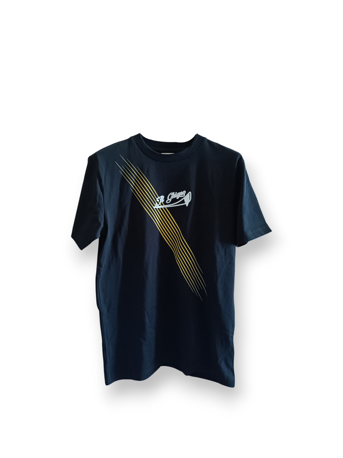 Il Ghigno Drop 0 limited edition black organic cotton t-shirt front view with Gold Sun design