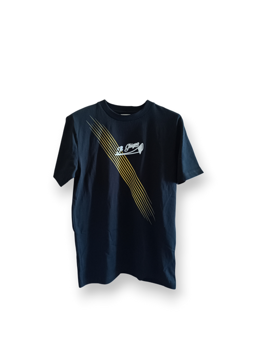 Il Ghigno Drop 0 limited edition black organic cotton t-shirt front view with Gold Sun design
