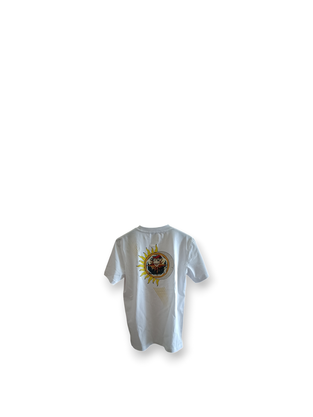 Il Ghigno Drop 0 limited edition white organic cotton t-shirt back view with Gold Sun artwork