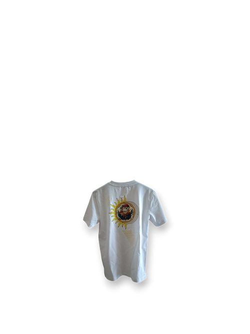 Il Ghigno Drop 0 limited edition white organic cotton t-shirt back view with Gold Sun artwork