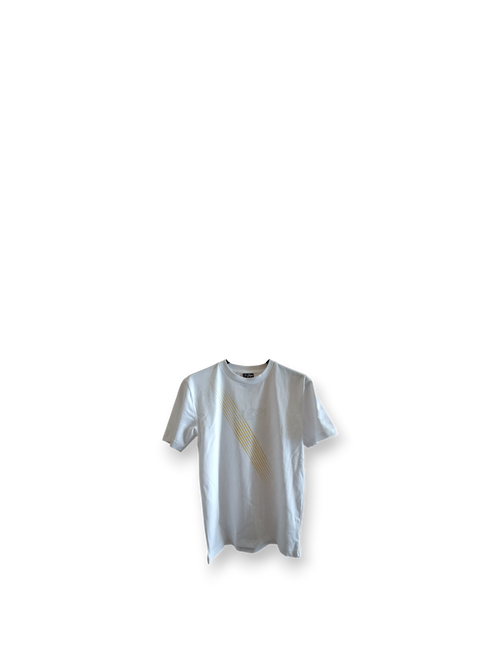 Il Ghigno Drop 0 limited edition white organic cotton t-shirt front view with Gold Sun design