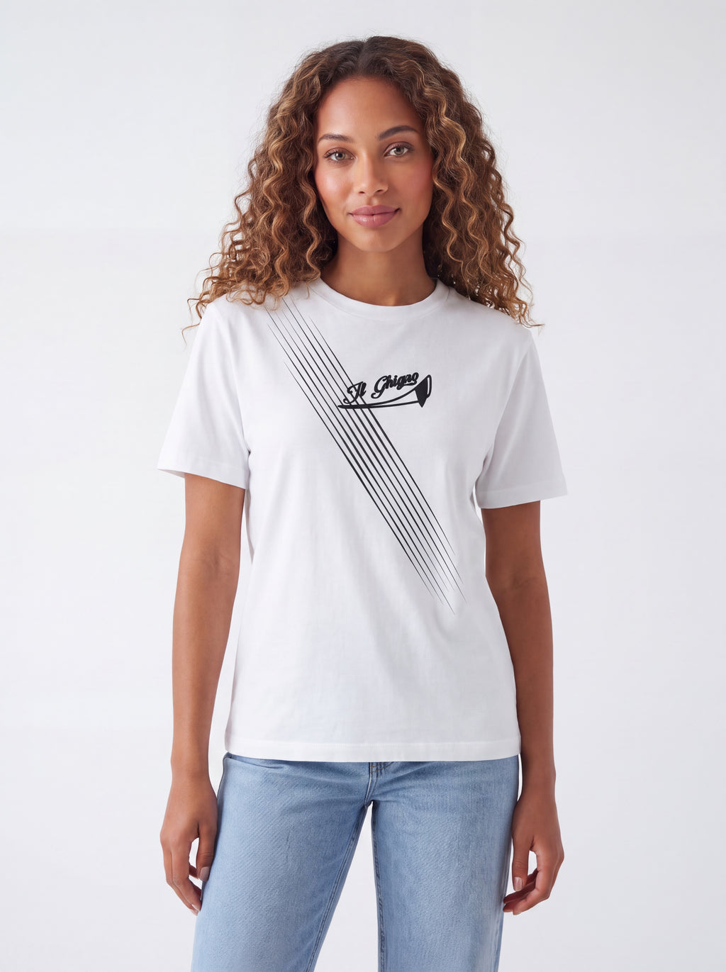 Female model wearing Il Ghigno Drop 0 white organic cotton t-shirt with Dark Moon print