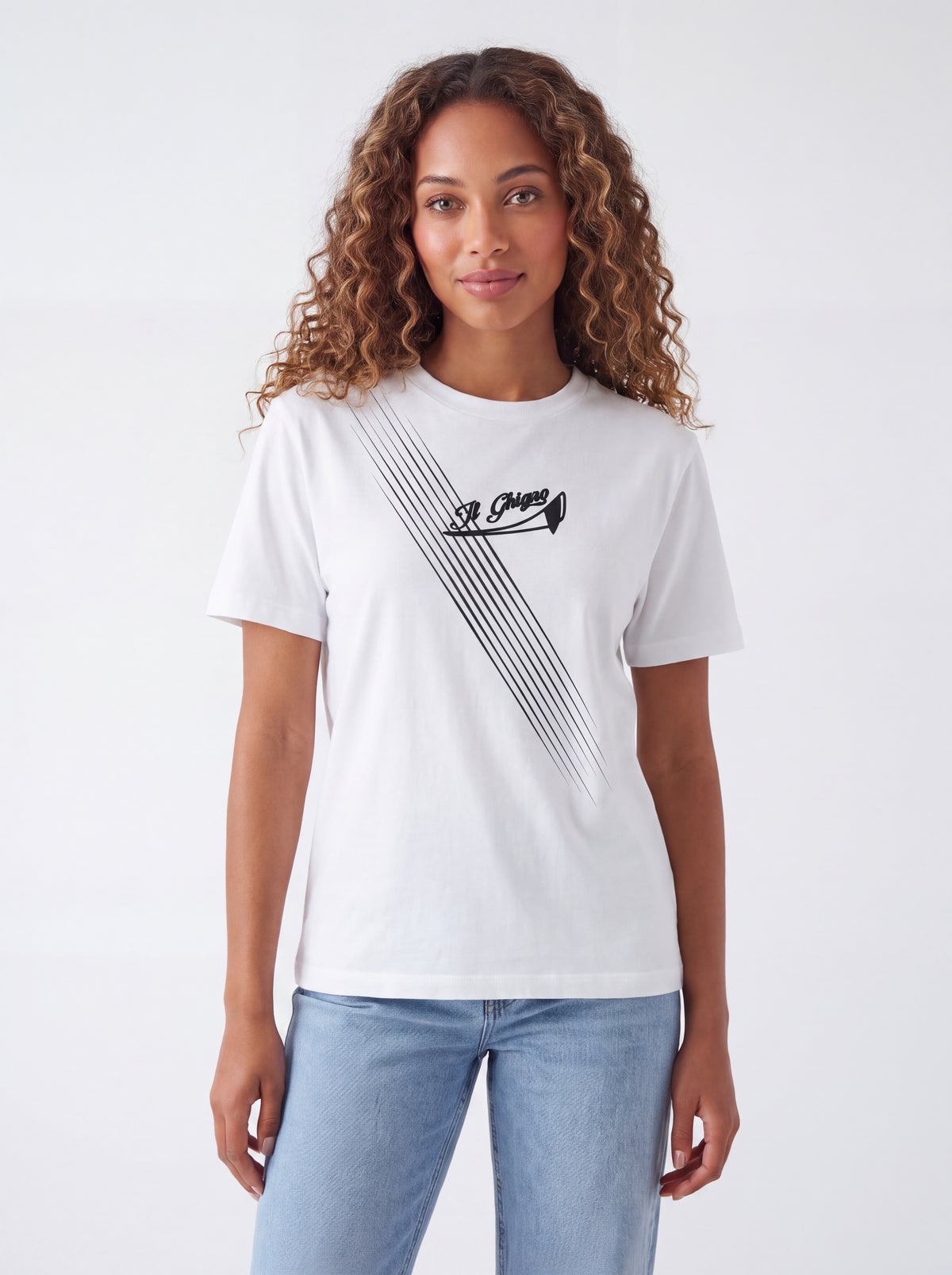 Female model wearing Il Ghigno Drop 0 white organic cotton t-shirt with Dark Moon print