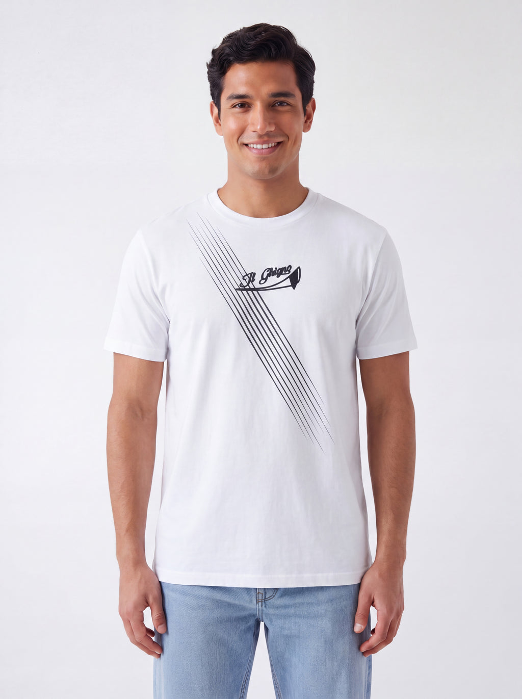 Male model wearing Il Ghigno Drop 0 white organic cotton t-shirt with Dark Moon print
