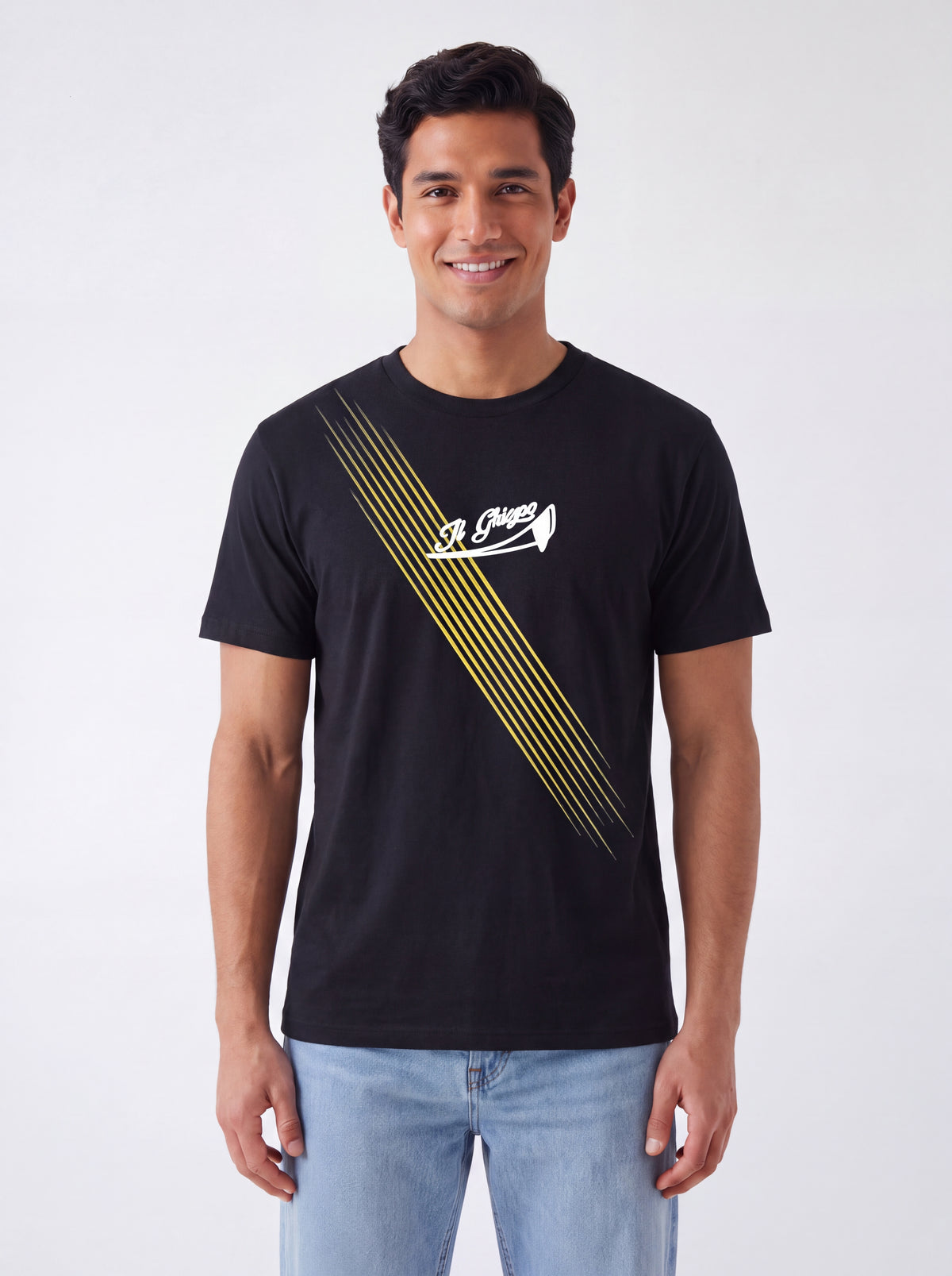 Male model wearing Il Ghigno Drop 0 black organic cotton t-shirt with Gold Sun print