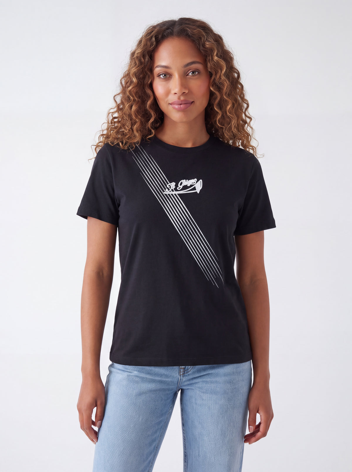Female model wearing Il Ghigno Drop 0 black organic cotton t-shirt with Dark Moon print