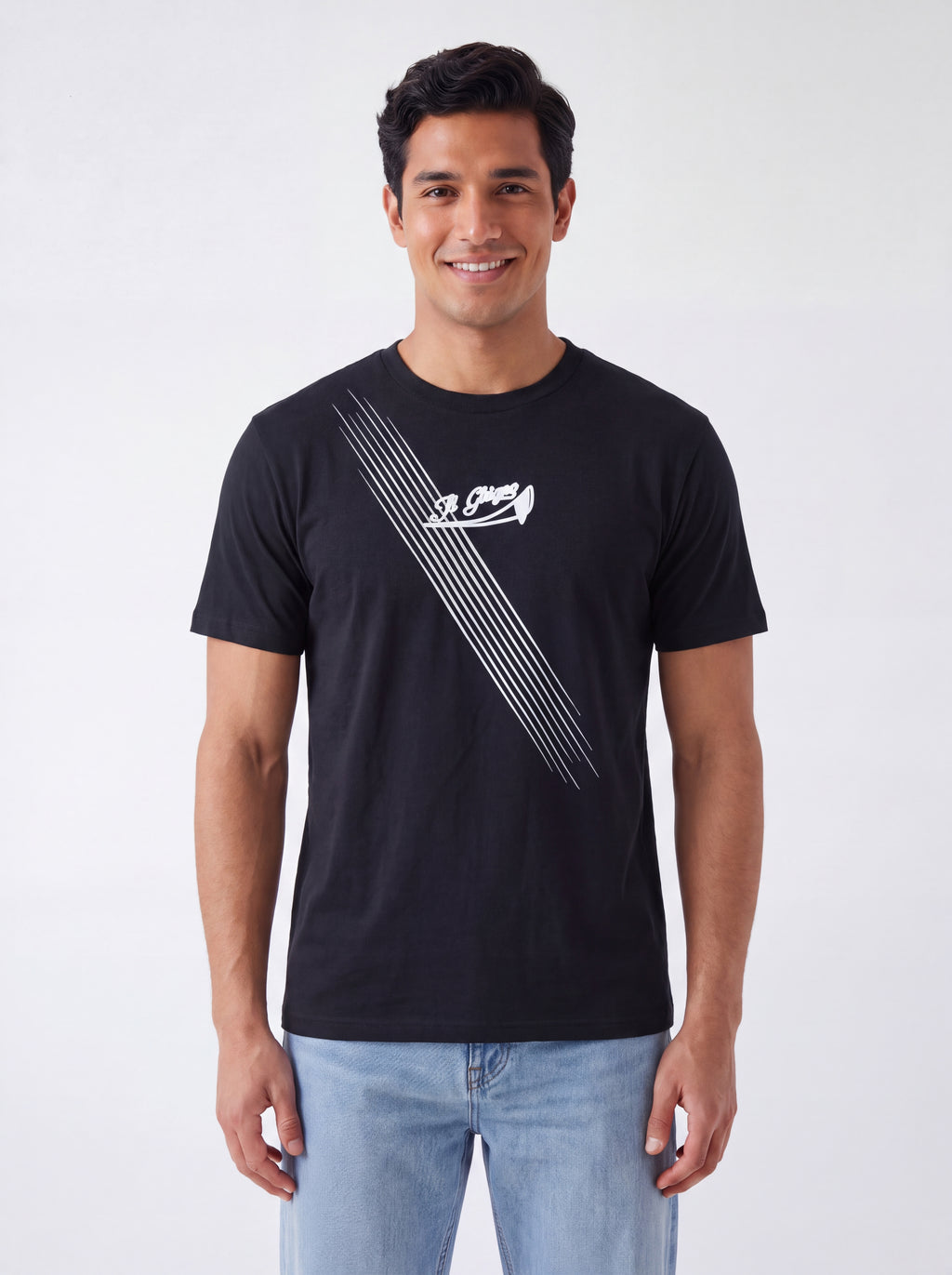 Male model wearing Il Ghigno Drop 0 black organic cotton t-shirt with Dark Moon print