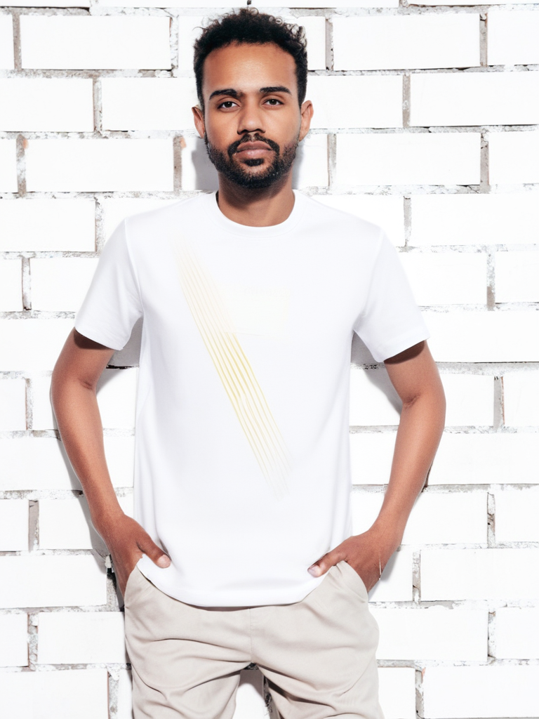 Male model wearing Il Ghigno Drop 0 white organic cotton t-shirt with Gold Sun print