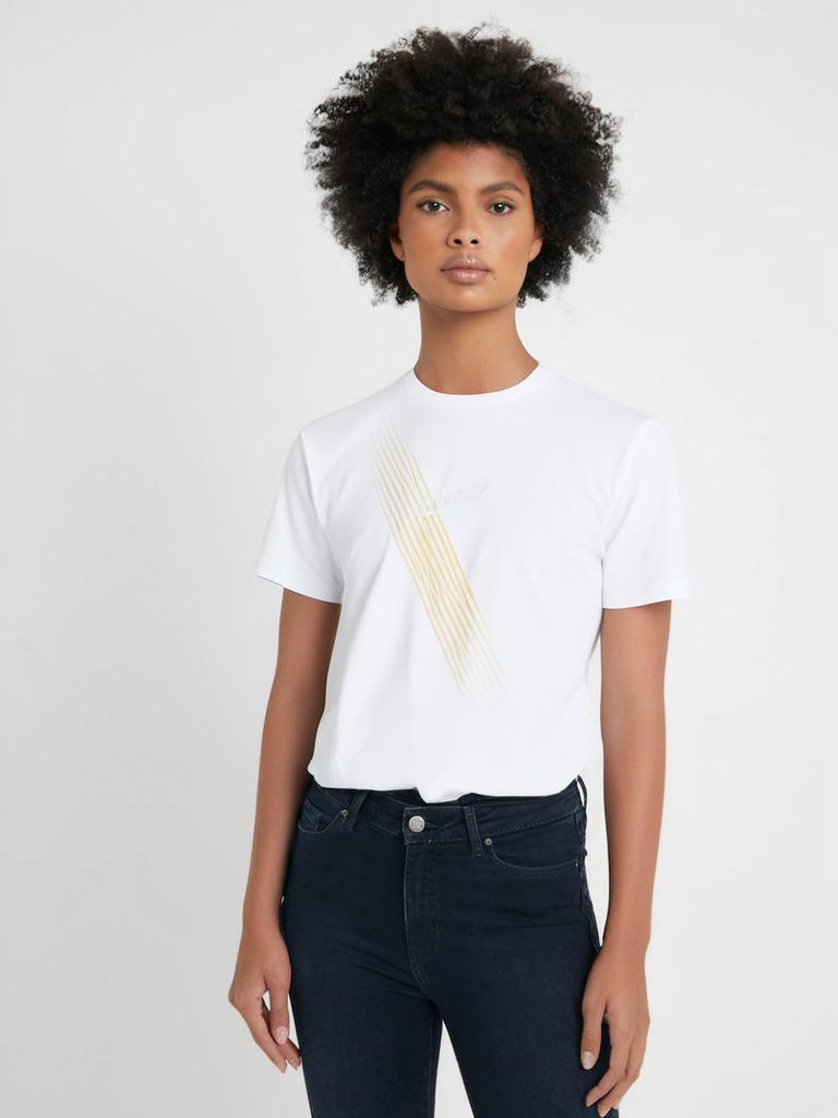 Female model wearing Il Ghigno Drop 0 white organic cotton t-shirt with Gold Sun print